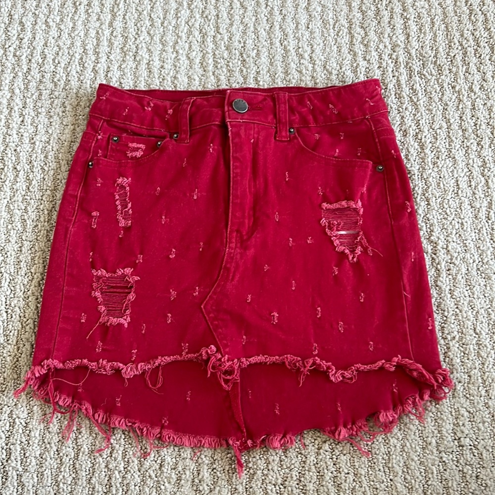 Red high waisted mini skirt